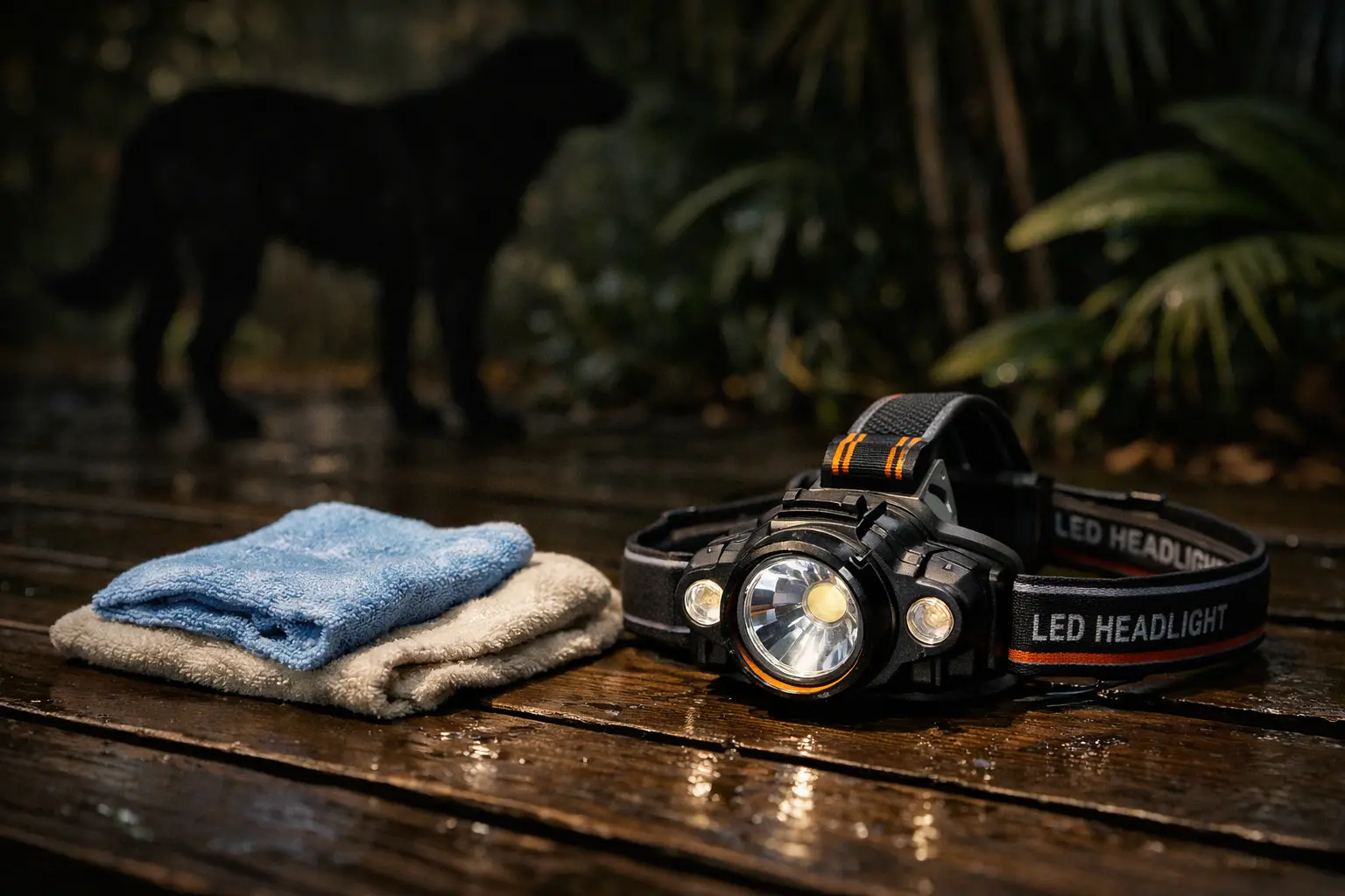Toad kit with headlamp and cloth on a wet tropical deck — cane toad emergency preparedness in Townsville