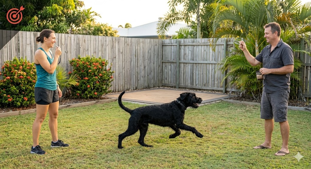 Max pinging between two people in the backyard during Ping-Pong Recall training