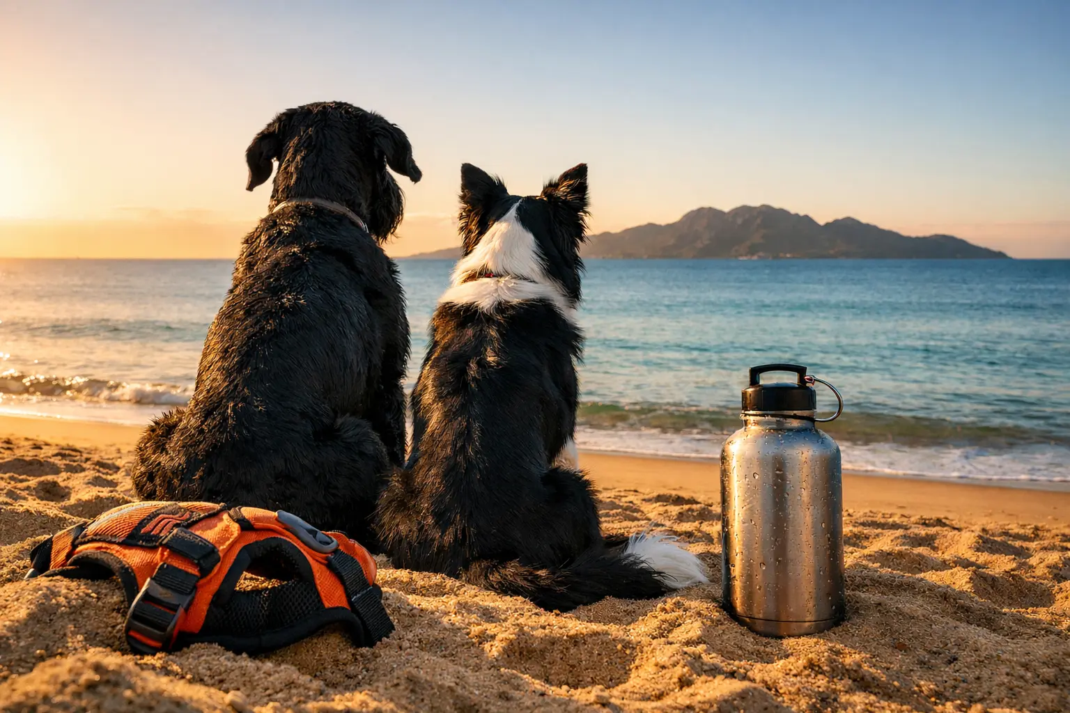 Black Giant Schnauzer and Border Collie on a sunny Australian beach